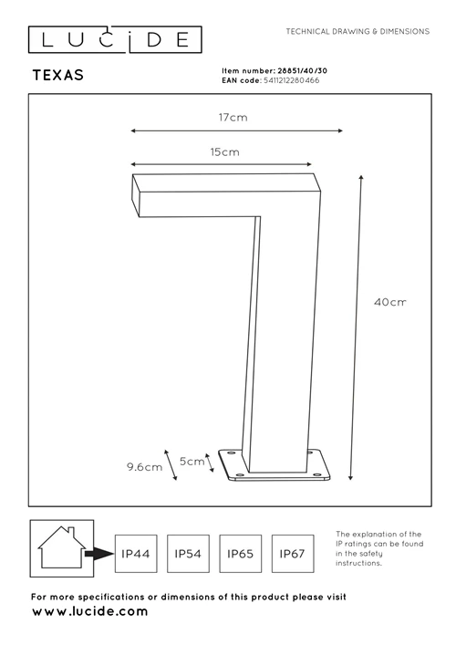 Lucide TEXAS - Bollard light - LED - 1x8W 3000K - IP54 - Anthracite - technical
